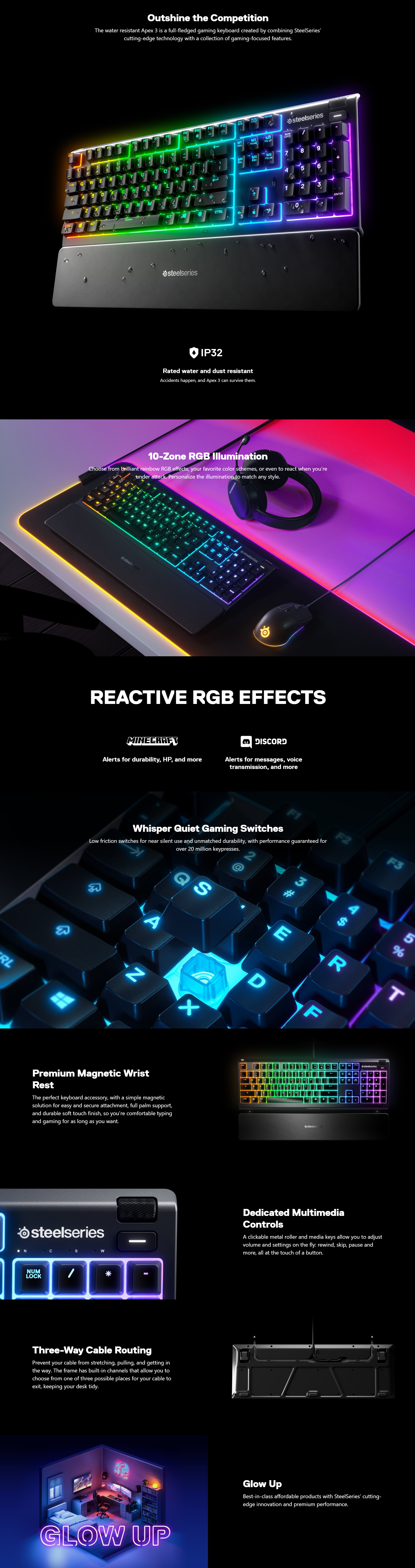 SteelSeries Apex 3 Water resistant Gaming Keyboard | 64795 | Compu ...